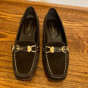 Etienne Aigner brown faux suede loafers with gold tone hardware. Gently used.